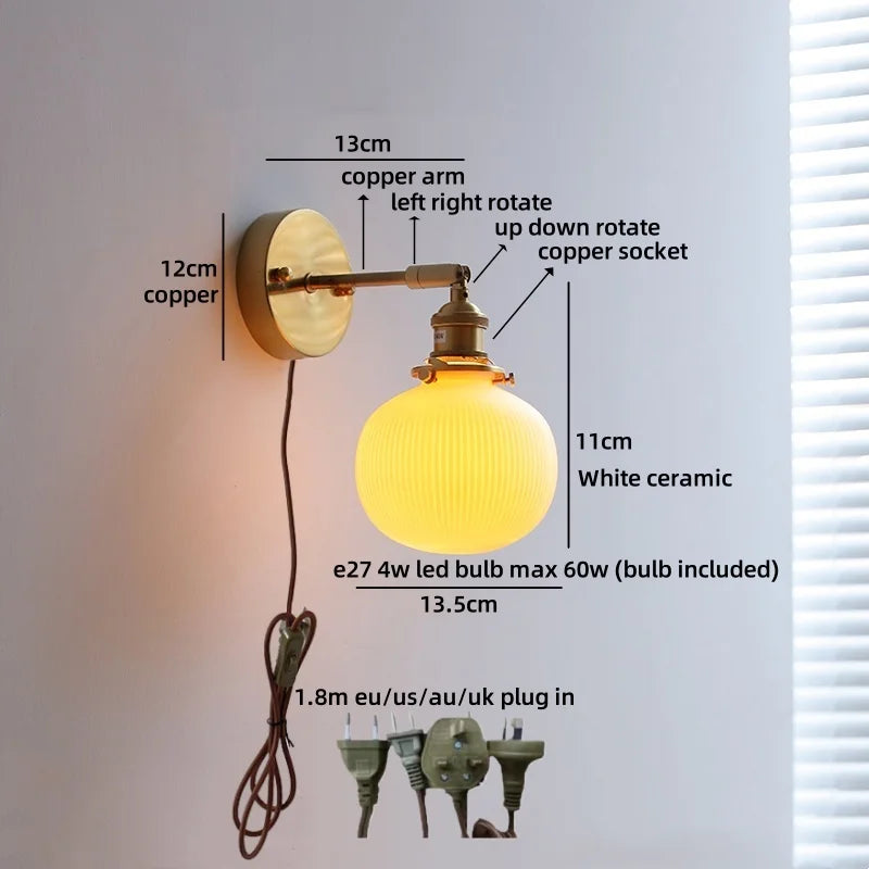 Helnys Nordic LED Wall Light White Ceramic Gold Brass Arandela