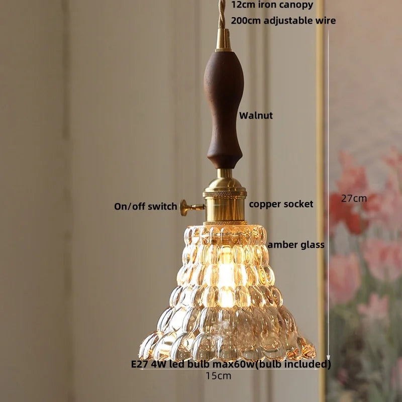Helnys Glass LED Pendant Lamp Walnut Wood Nordic Modern Hanging Light