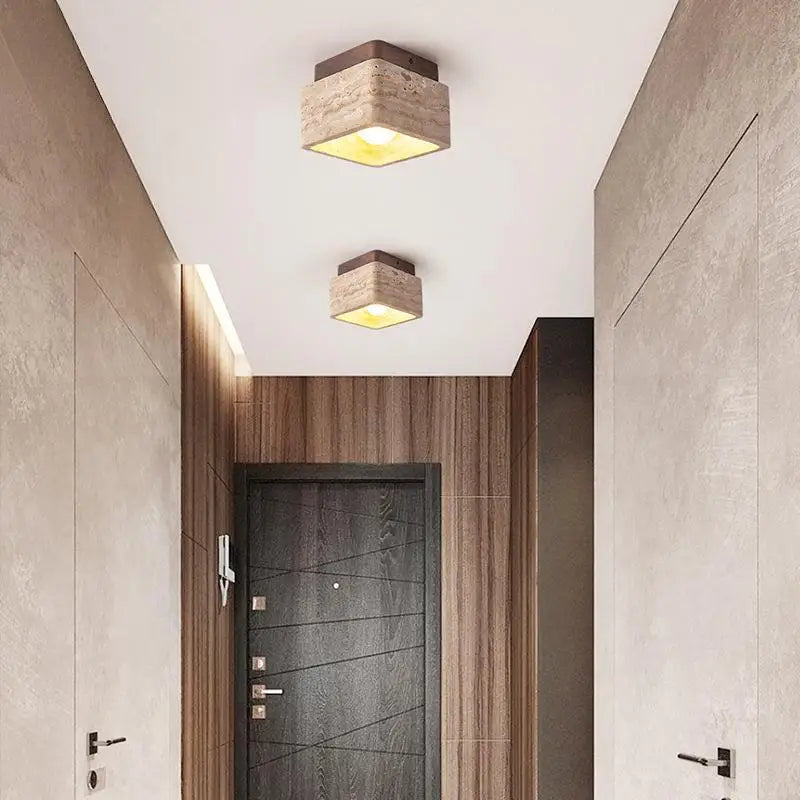 Helnys Yellow Travertine Wood Canopy LED Ceiling Light - Modern Nordic Design