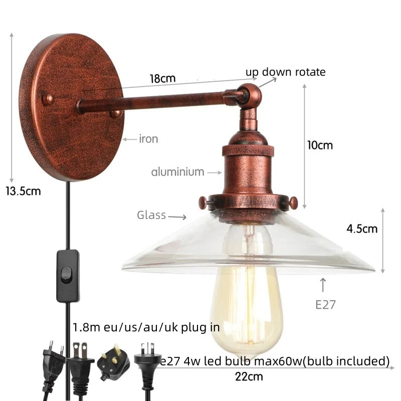 Helnys Vintage Industrial LED Wall Lamp Clear Glass Gold Bedside Light