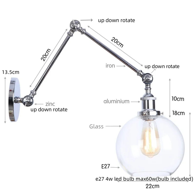 Helnys Retro Loft LED Wall Lights Pull Chain Switch Chrome Clear Glass Vintage Fixture