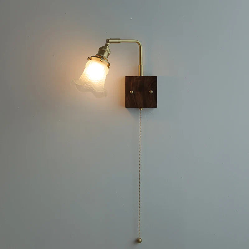 Helnys Brass Walnut Wood LED Wall Sconce Rotatable Glass Stair Light