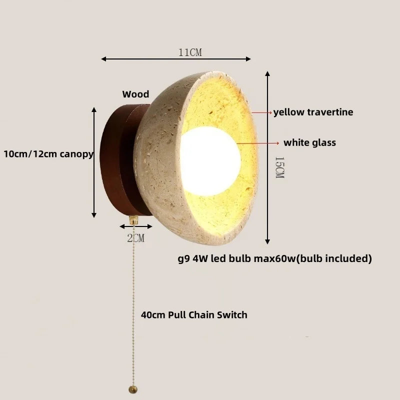 Helnys LED Wall Light with Wood Base, Natrual Yellow Travertine, Nordic Modern Design