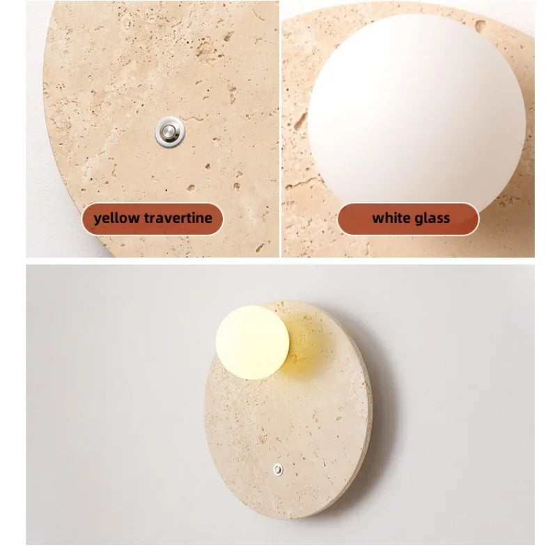 Helnys White Glass LED Wall Lights Yellow Travertine Stone Reading Living Room