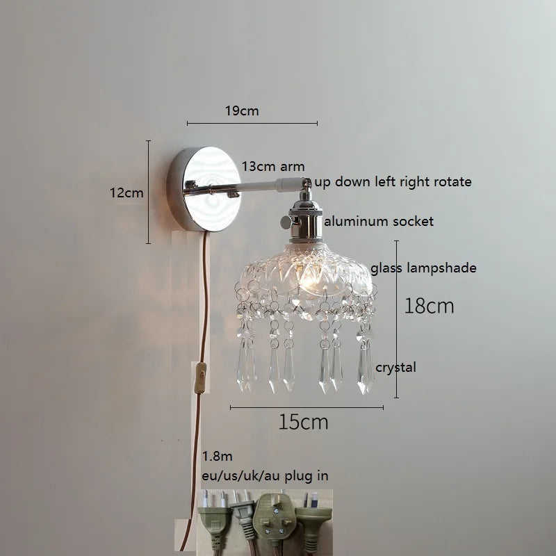 Helnys Modern Crystal LED Wall Sconce Silver Iron Bedroom Living Room Lamp