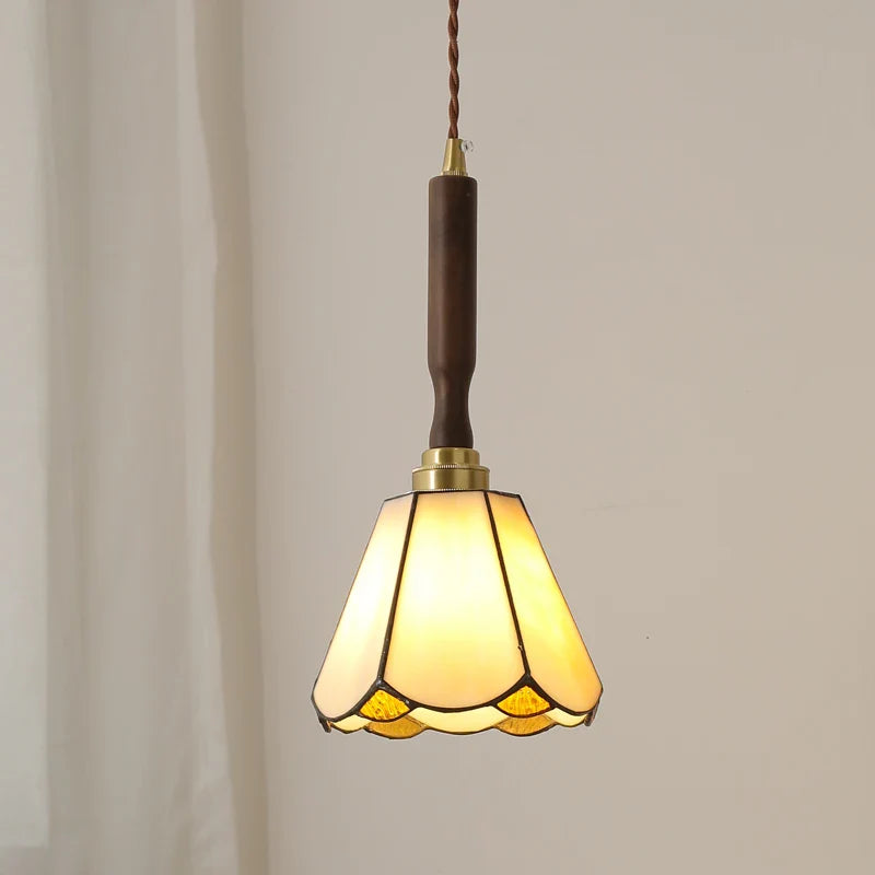 Helnys Flower Glass LED Pendant Light Fixture with Walnut Wood - Stylish Kitchen Hanging Lamp