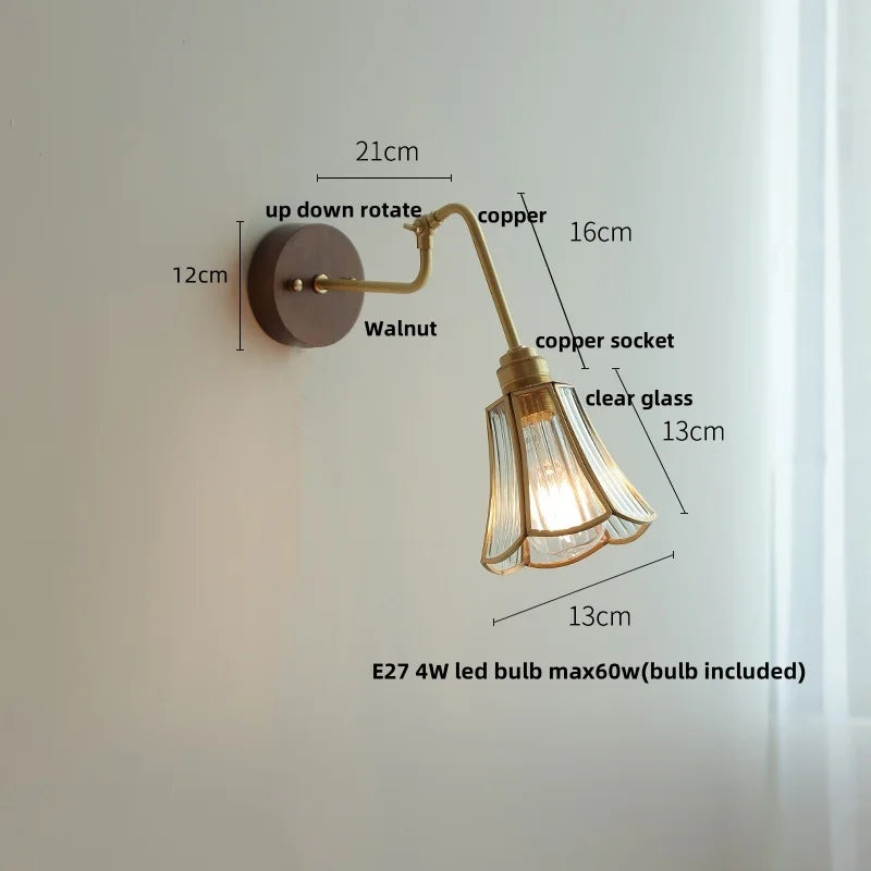 Helnys Clear Glass LED Wall Sconce with Pull Chain Switch & Rotating Walnut Wood Arm