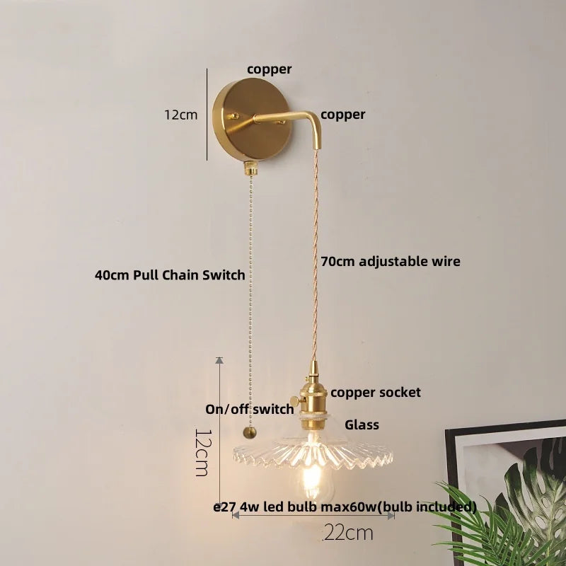 Helnys Clear Glass Adjustable LED Wall Light Fixture Copper Wall Lamps