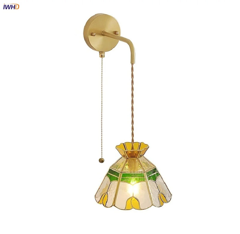 Helnys Glass LED Wall Light Fixture with Adjustable Wire, Pull Chain Switch, Vintage Design