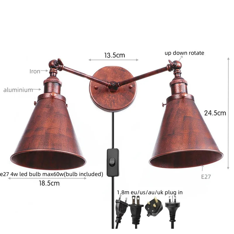 Helnys Gold Vintage 2 Heads LED Wall Lights Industrial Pull Chain Switch Lamp