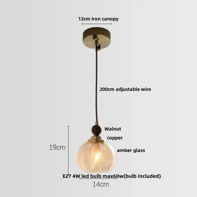 Helnys Amber Glass LED Pendant Light Fixture with Walnut Wood Hanging Lamp Base