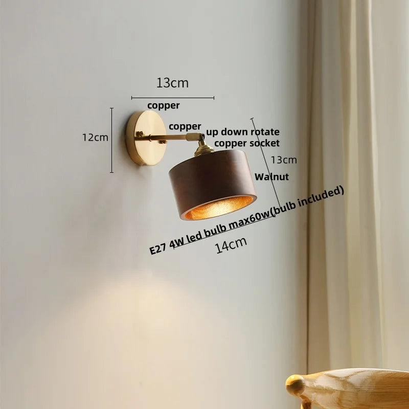 Helnys Nordic Walnut Wood Copper LED Wall Sconce Up Down Rotatable Bedside Lamp