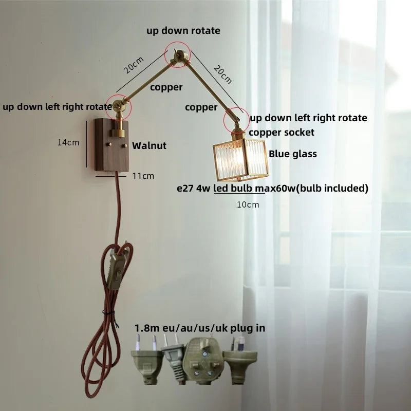 Helnys Modern LED Wall Lamp Glass Pull Chain Switch Rotatable Swing Arms Fixtures