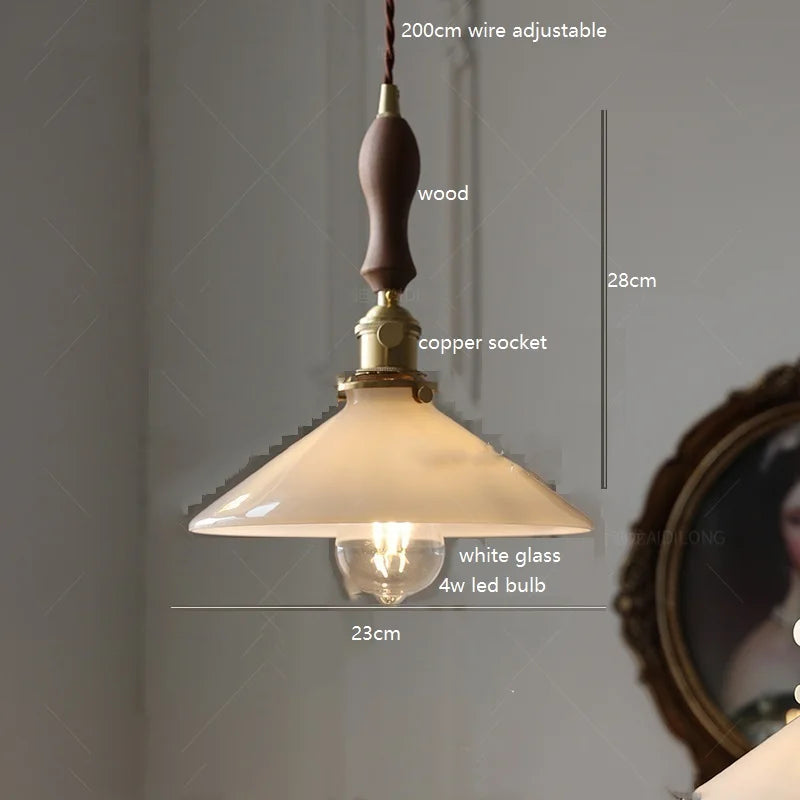 Helnys White Green Glass LED Pendant Lights with Copper Socket & Wood Finish