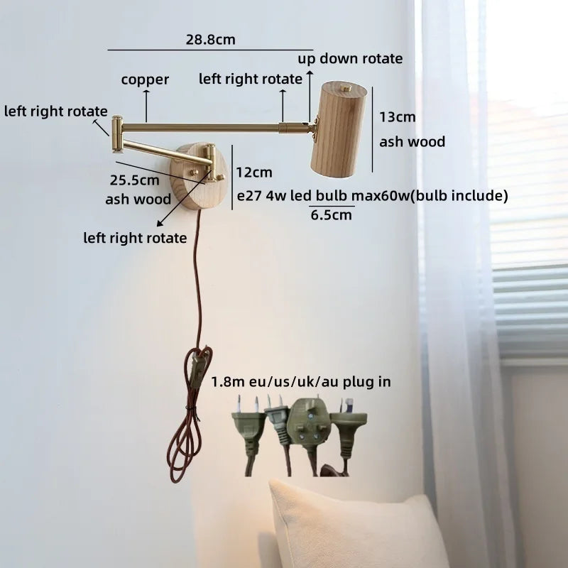 Helnys Ash Wood Swing Arm LED Wall Sconce - Up Down Rotate Bedside Lamp