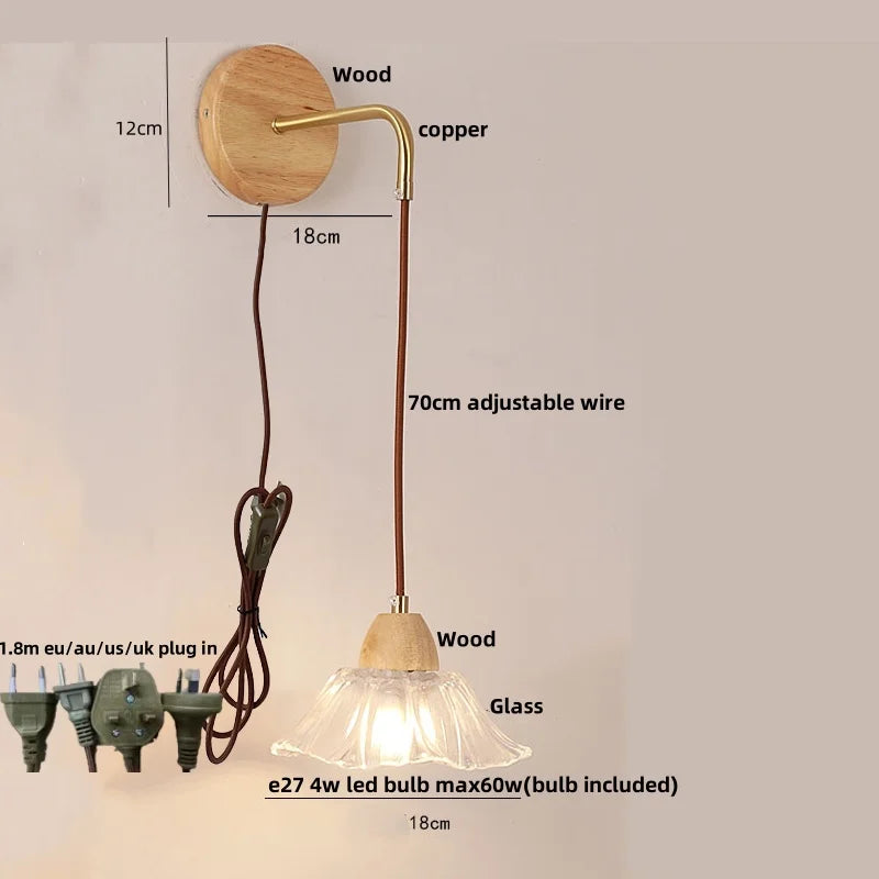 Helnys Wood Glass LED Wall Light Fixture with Pull Chain Switch