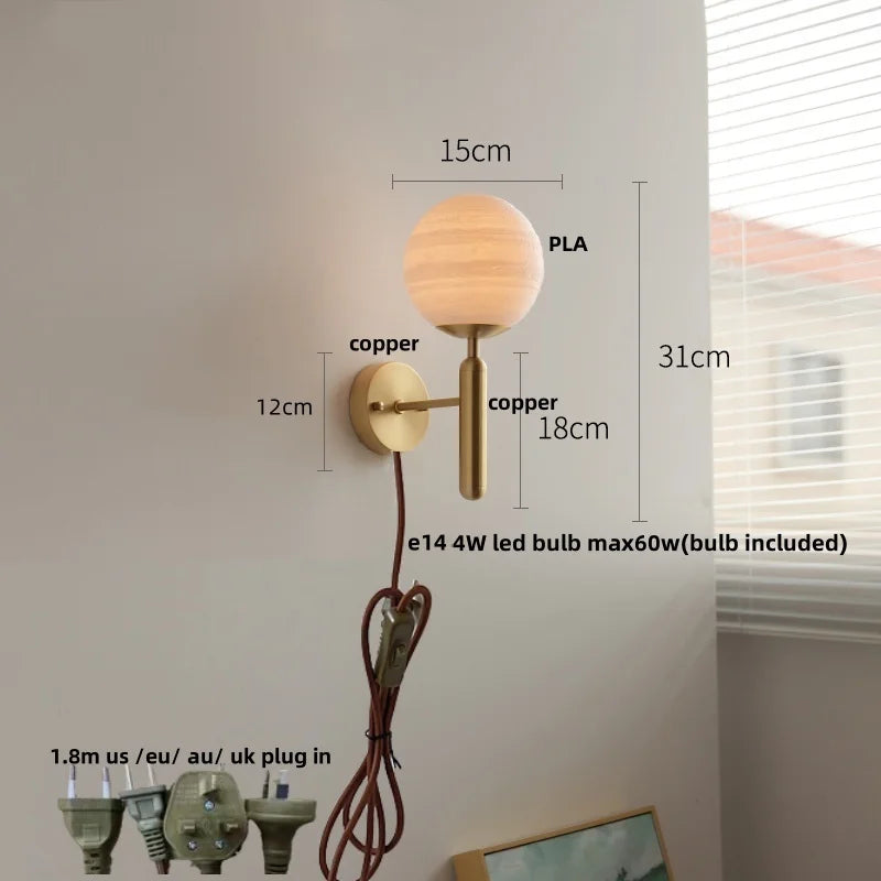 Helnys Copper Base LED Wall Lamp with Pull Chain Switch