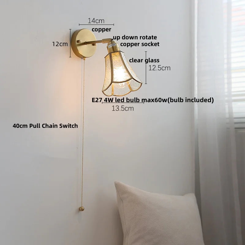 Helnys Copper LED Wall Lights Clear Glass Pull Chain Switch - Modern Nordic Style