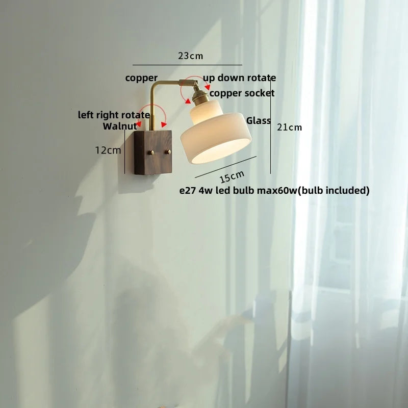 Helnys Brass Walnut Wood LED Wall Sconce Rotatable Glass Stair Light