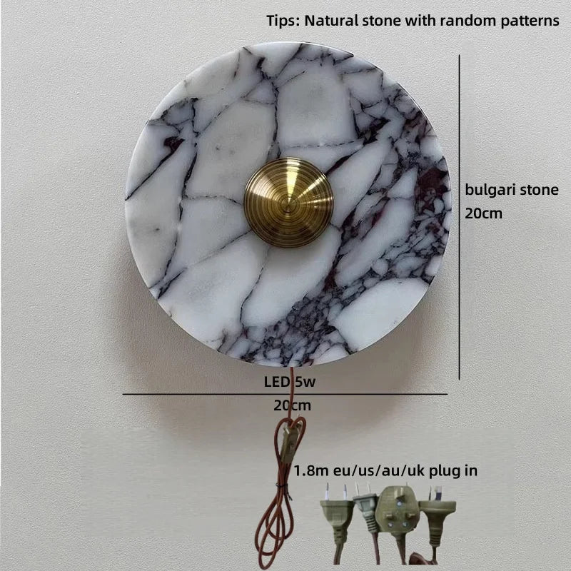 Helnys Round Bulgari Stone LED Wall Lamp Bedside Lighting