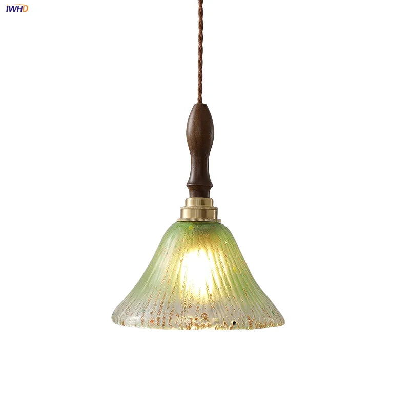 Helnys Walnut Wood LED Pendant Lamp Cyan Glass Nordic Modern Hanging Light