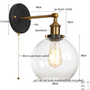 Helnys Glass LED Wall Sconce Industrial Iron Pull Chain Switch Wall Light