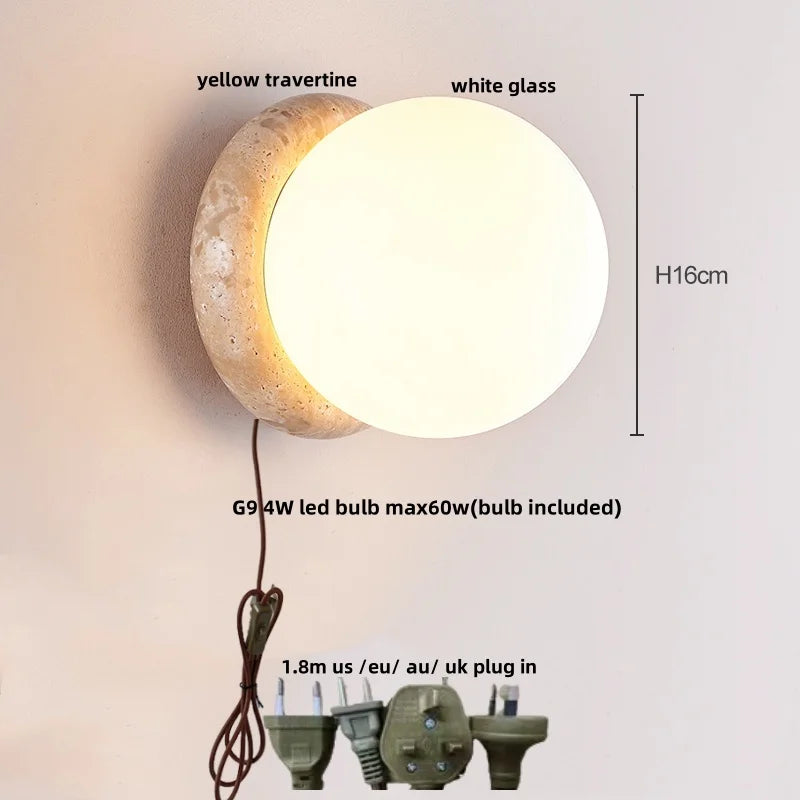 Helnys LED Wall Light with Wood Base, Natrual Yellow Travertine, Nordic Modern Design
