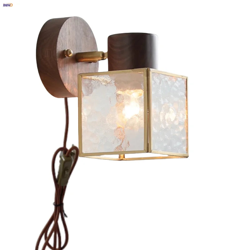 Helnys Clear Glass LED Wall Light Fixture Nordic Modern Walnut Wood Bedside Lamp