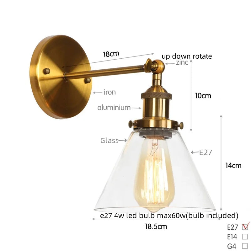 Helnys Clear Glass Iron LED Wall Lamps Stair Light Fixtures Rustic Industrial Vintage