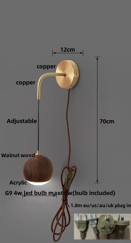 Helnys Nordic Wood LED Wall Sconce Bedroom Lamparas, Adjustable Acrylic Bedside Light