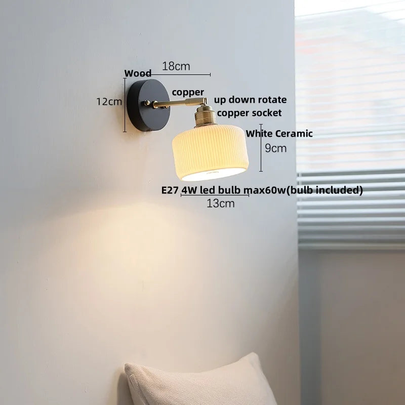 Helnys Ceramic LED Wall Light, Modern Nordic Rotate Wood Bedside Lamp