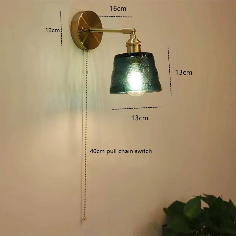 Helnys Green Glass Copper LED Wall Sconce with Pull Chain - Nordic Modern Wandlamp