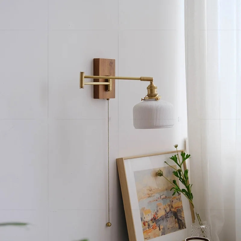Helnys Walnut Canopy Copper LED Wall Lamp with Rotate Ceramic Lampshade