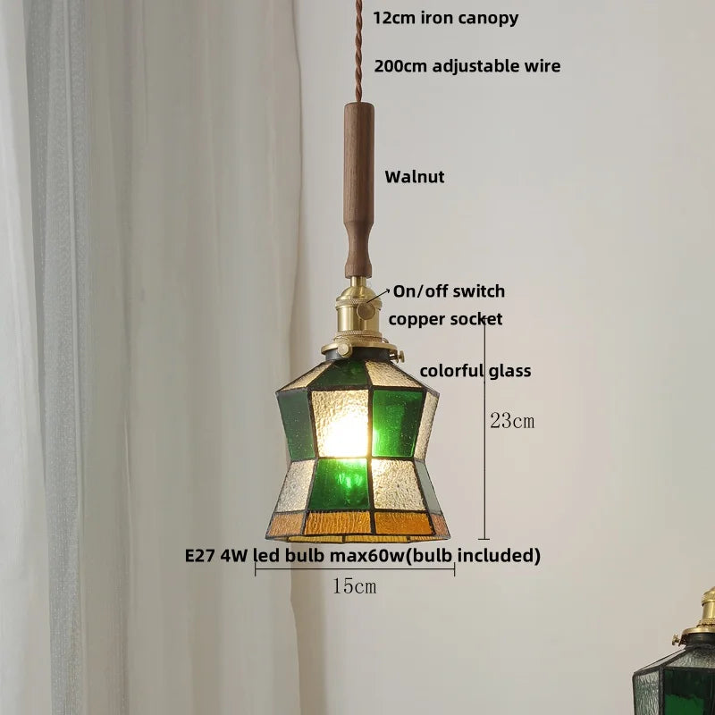 Helnys Amber Glass LED Pendant Light Fixture with Walnut Wood Bar and Adjustable Wire