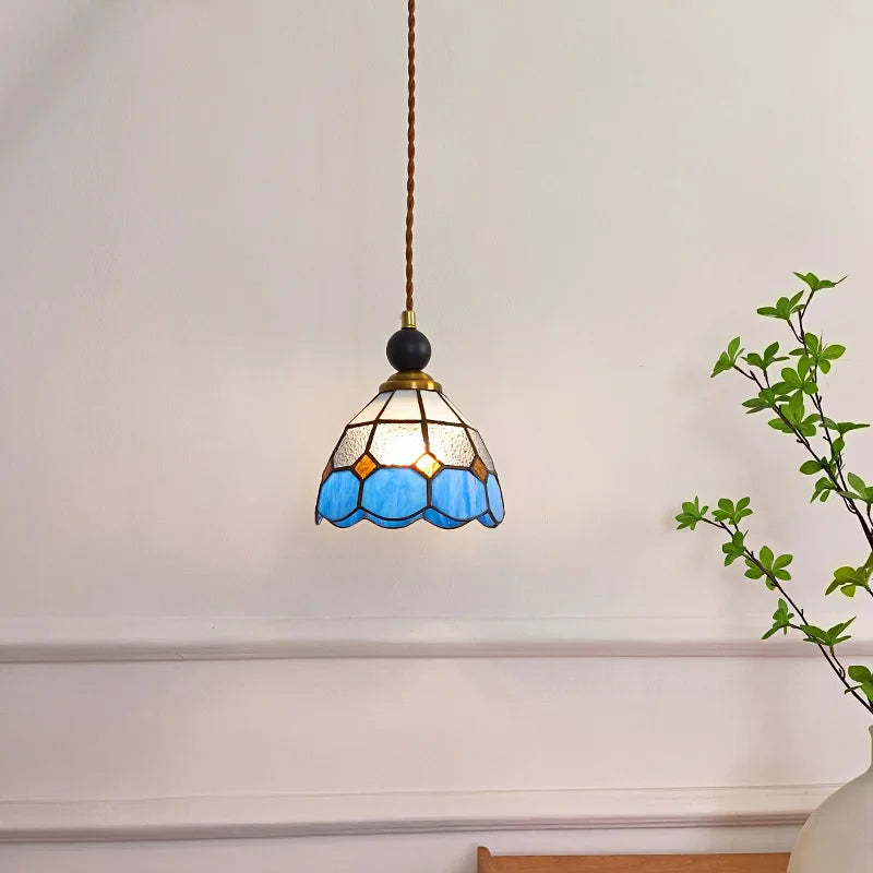 Helnys Vintage Tiffany Glass Pendant Light Fixture Wood Copper Hand Stitching LED ]).