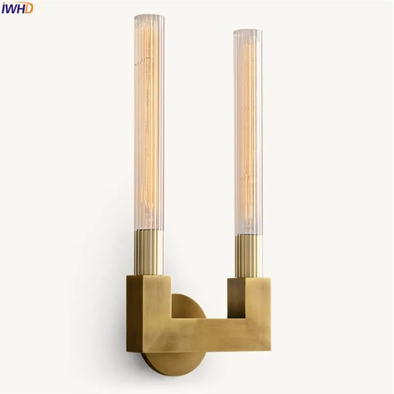 Helnys Double Heads Copper LED Wall Light - North America Style Glass Stair Bedroom Lamp