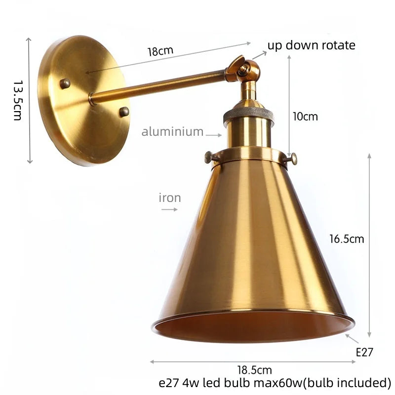 Helnys Vintage Gold Plated Iron Wall Lamp Industrial LED Loft Lighting Fixtures