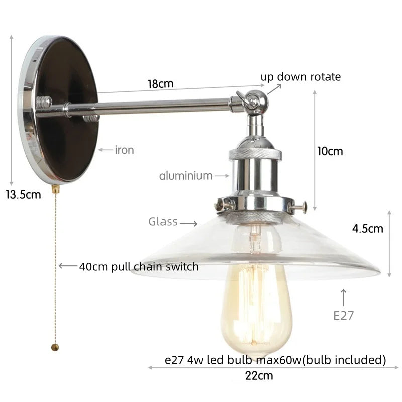 Helnys Vintage Industrial LED Wall Lamp Clear Glass Gold Bedside Light