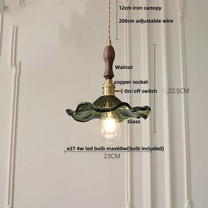 Helnys Amber Glass LED Pendant Light Fixture with Walnut Wood Bar and Adjustable Wire