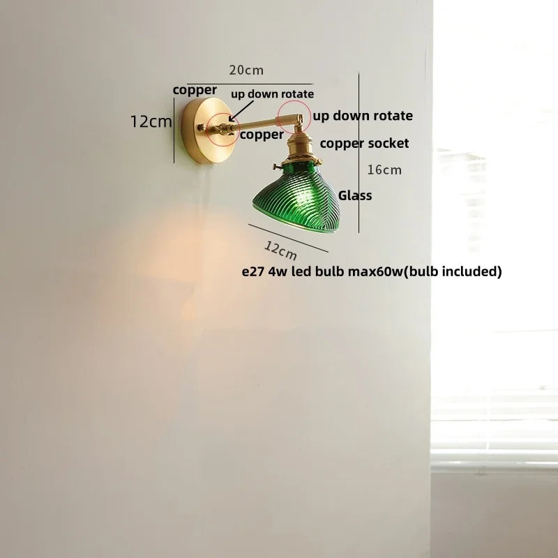 Helnys Brass Swing Arms LED Wall Light, Modern Nordic Clear Glass Bedside Lamp