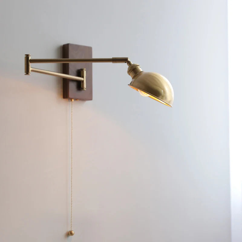 Helnys Ash Wood Canopy LED Wall Sconce Pull Chain Switch Rotate Bedroom Lamp
