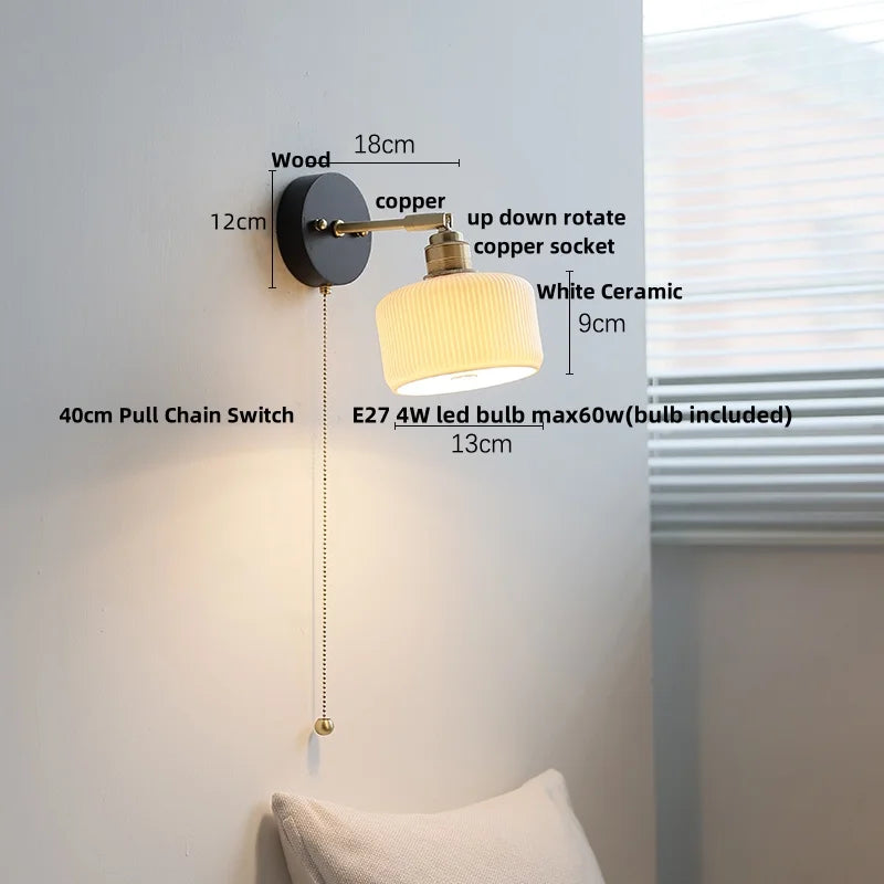 Helnys Ceramic LED Wall Light, Modern Nordic Rotate Wood Bedside Lamp