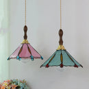 Helnys Tiffany Glass Pendant Lights Vintage Walnut Wood LED Hanging Lamp