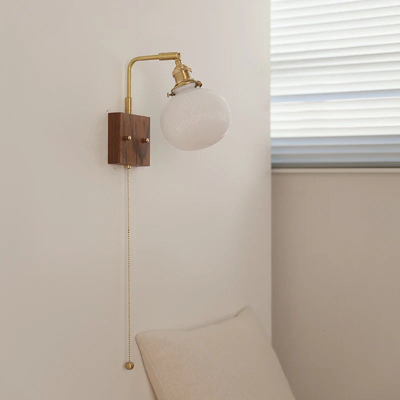 Helnys Globe Ceramic LED Wall Light Walnut Wood Sconce with Pull Chain Switch