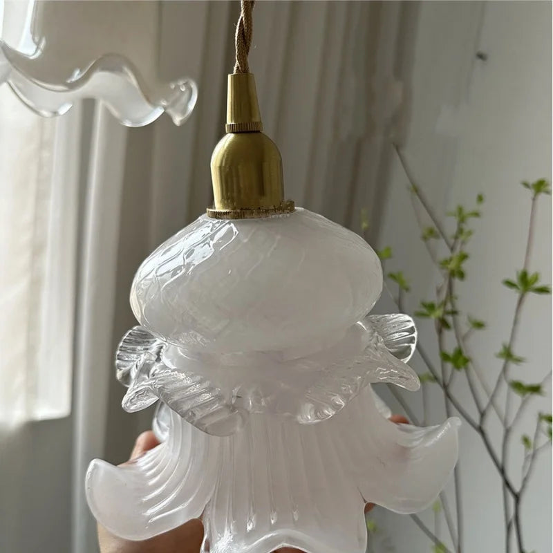 Helnys Flower Glass Pendant Light Fixture, Copper Socket LED Hang Lamp for Home Decor
