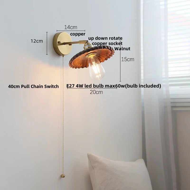 Helnys Wood LED Wall Sconce Pull Chain Switch Up Down Rotatable Bathroom Mirror Light