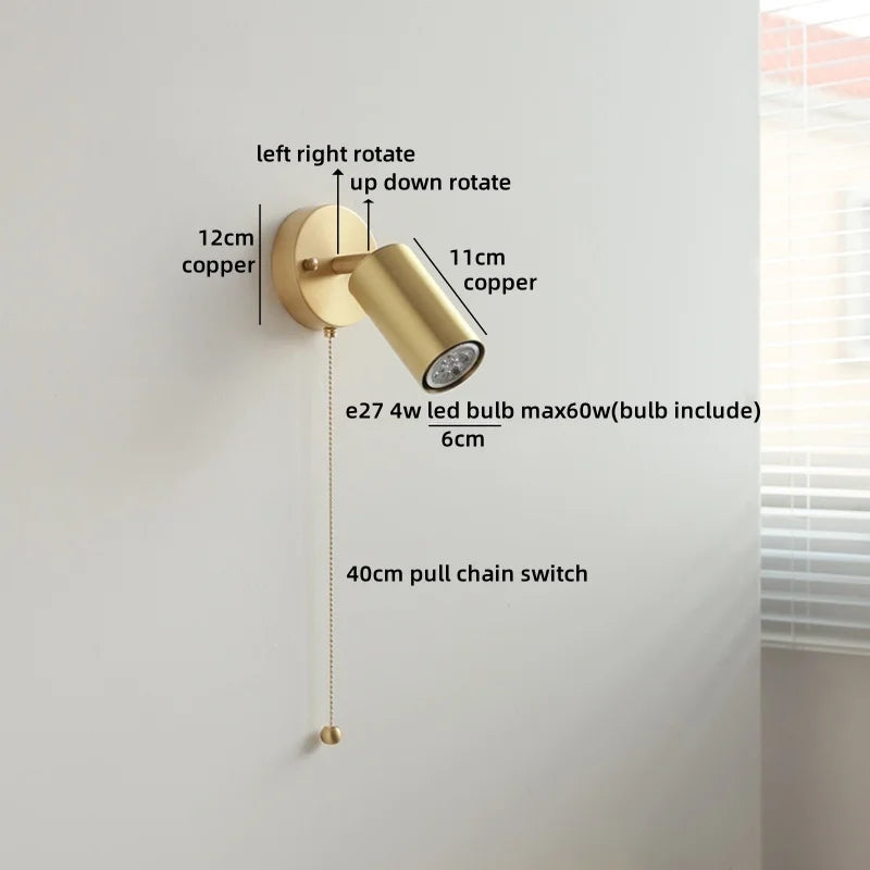 Helnys Pull Chain Switch LED Wall Lamp Sconce for Bedroom and Bathroom