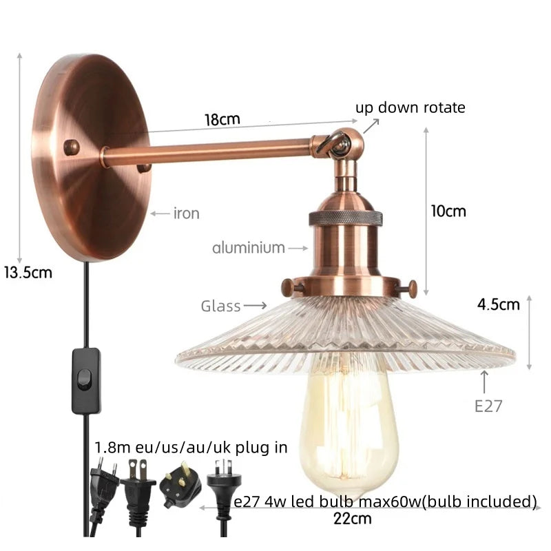 Helnys Industrial Loft LED Wall Lights Plug In Iron Bedside Lamp for Bedroom