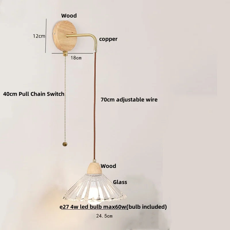 Helnys Wood Glass LED Wall Light Fixture with Pull Chain Switch