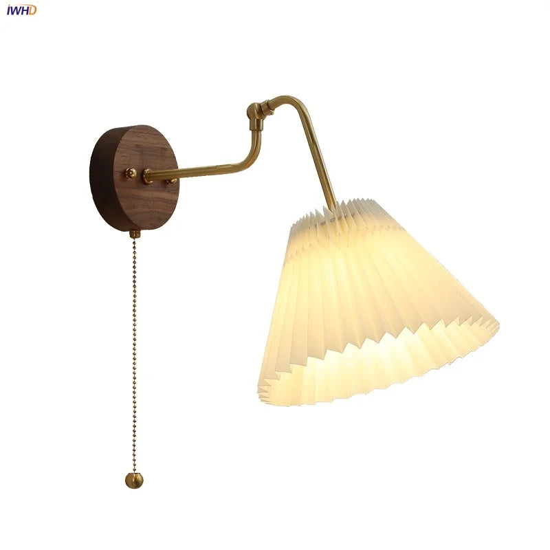 Helnys Walnut Base LED Wall Light with Pull Chain Switch and Rotating Copper Lampshade